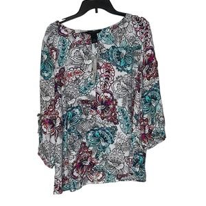 Investments Women XL Floral Blouse Cold Shoulder Sleeve Oversized Tunic Top NWT‎